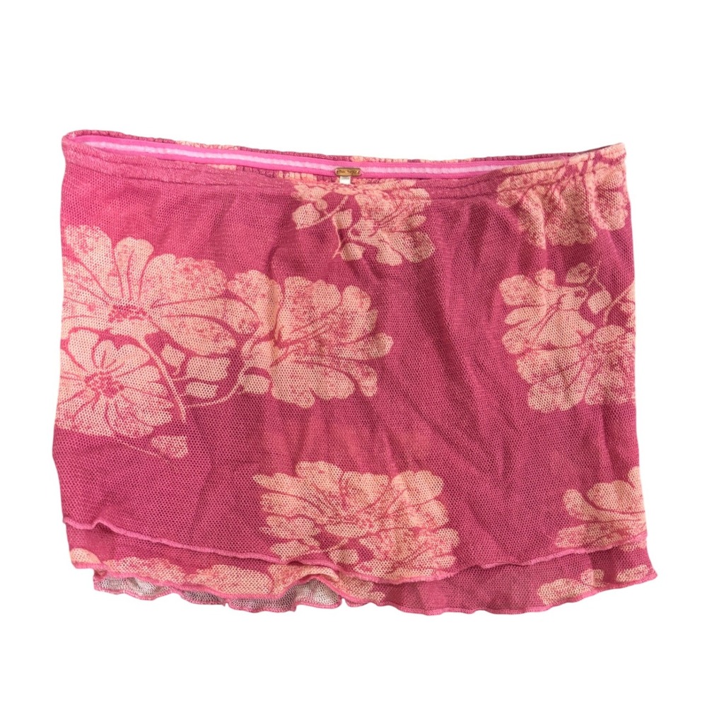 Free People Pink Floral Mesh Smocked Tube Top Strapless Hibiscus Print M